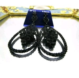 New large black sparkle dangle post earrings